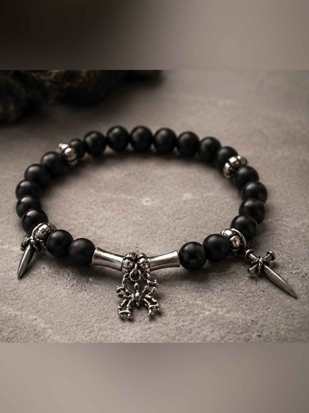 Handmade Men’s Gothic Spider Bracelet 8” Black Beads Cross Daggers